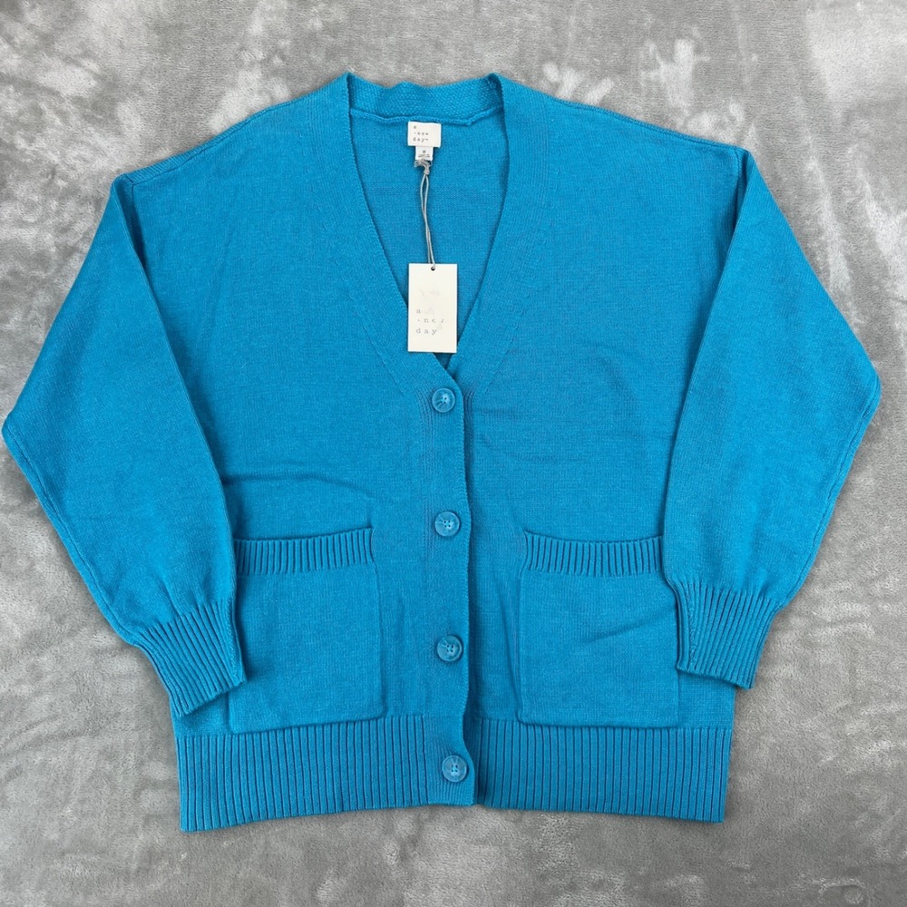 A New Day Women Blue V-Neck Button Front Pocket Cardigan Sweater S NEW 018138757